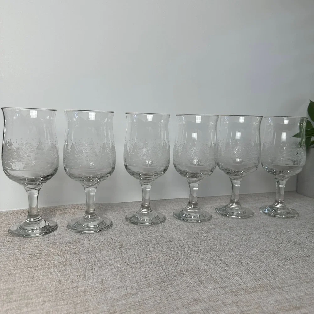 Vintage Libbey Winter Wonderland Goblets Set of 6 Arby's 1980s Gold Rim